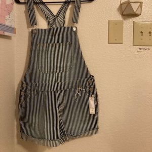Striped denim stretch shortalls (shorts overalls)